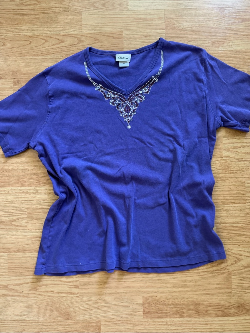 Distinct Purple Rhinestone Bling V-Neck Top Plus Size 1X 100% Combed Cotton